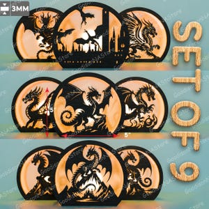 Paquete SVG de mini linterna de dragón, 9 diseños de caja de luz 3D redonda en capas para corte láser, decoración de mesa de fantasía o regalo de rol para amantes de los dragones /G256