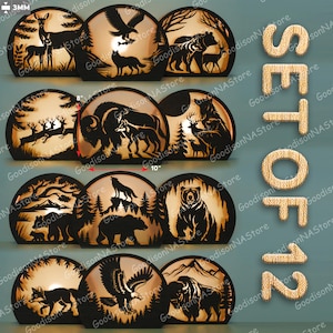 May include: A set of 12 decorative wooden lamps with nature-themed cutouts. Each lamp, approximately 10 inches wide, features a different wildlife scene, including deer, bears, and eagles, illuminated by a warm glow. The lamps are designed with a semi-circular shape.