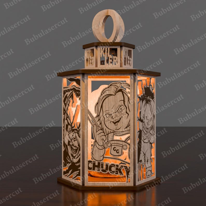 May include: A wooden lantern with laser-cut horror movie character designs. The lantern features a handle, and the word "CHUCKY" is visible on the front panel. The design includes images of Chucky and other characters.