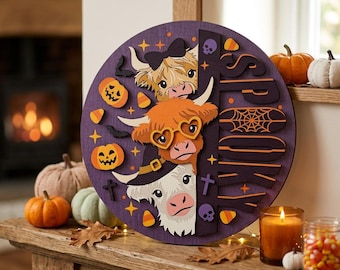 Halloween Highland Cow SVG Bundle, Layered Spooky Wooden Round Sign Cut Files, Cute Cow Door Hanger, Farmhouse Autumn Decor  /D46