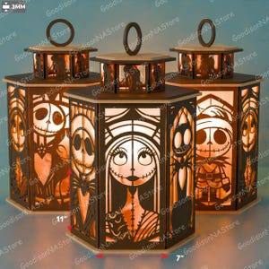 May include: Wooden lanterns featuring characters from The Nightmare Before Christmas. Each lantern is approximately 7 inches wide and 11 inches tall, with a dark brown frame and a light-up interior. The lanterns have a handle on top.