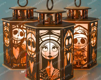 Juego de 3 faroles de Halloween con personajes espeluznantes y un estilo adorable y espeluznante para decorar casas embrujadas, centros de mesa de fiesta y luces de noche /G333