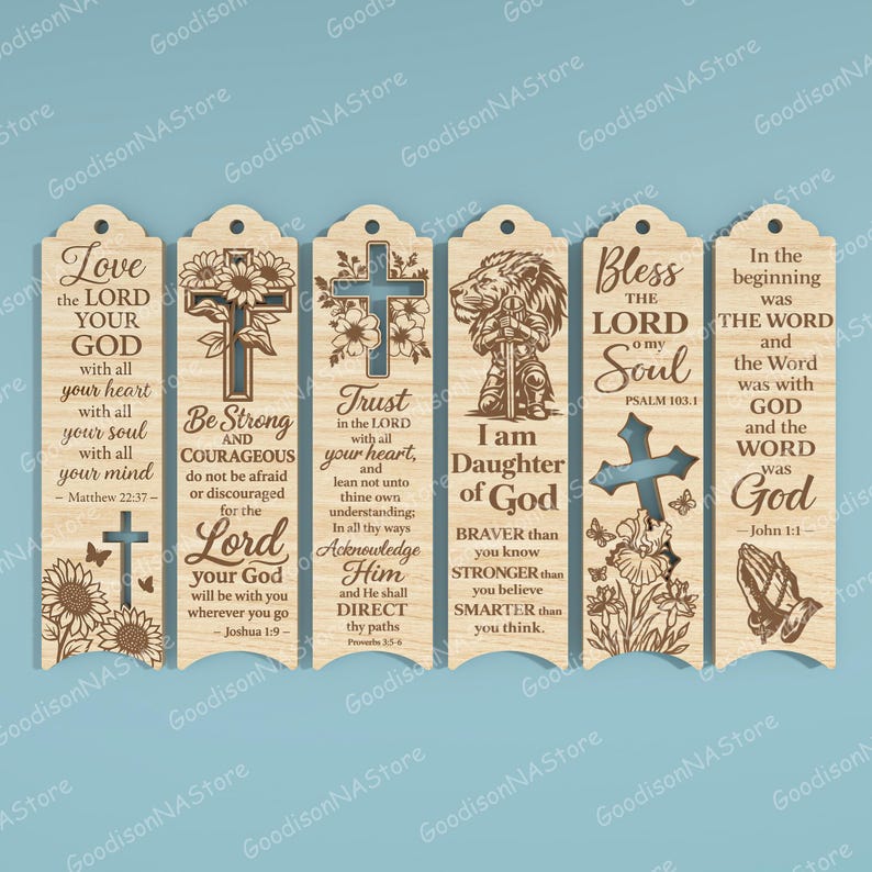 May include: A set of six wooden bookmarks with religious quotes and imagery. Each bookmark features a different design, including crosses, flowers, and inspirational text. The bookmarks are light brown with dark brown engraved details.