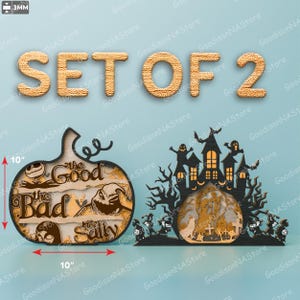 Puede incluir: Juego de 2 decoraciones de Halloween de madera. Una es una calabaza de 25 cm de ancho y 25 cm de alto, con el texto "The Good, The Bad, The Sally". La otra es una escena de casa embrujada. Ambas son negras y doradas.