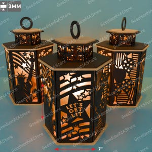 Conjunto de linternas SVG del 4 de julio, plantilla de corte láser para linterna patriótica, decoración del Día de la Independencia, caja de luz de papel con estrellas y rayas /G247