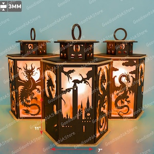 Dragon Lantern SVG Bundle 3D Laser Cut Light Box With Flying Dragon and Castle Panels Fantasy Decor for RPG Table or Halloween Display /G257