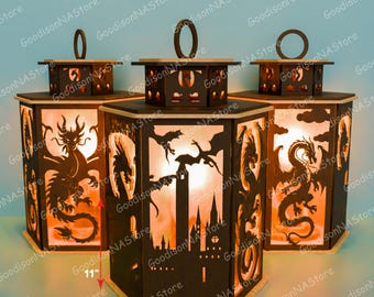 Dragon Lantern SVG Bundle 3D Laser Cut Light Box With Flying Dragon and Castle Panels Fantasy Decor for RPG Table or Halloween Display /G257
