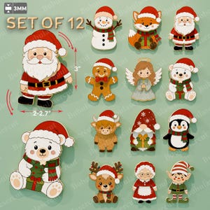 May include: A set of 12 Christmas-themed wooden cutouts, 3mm thick, featuring characters like Santa, a snowman, a fox, a gingerbread person, an angel, a bear, a highland cow, a gnome, a penguin, a reindeer, Mrs. Claus, and an elf, 2-3 inches tall.