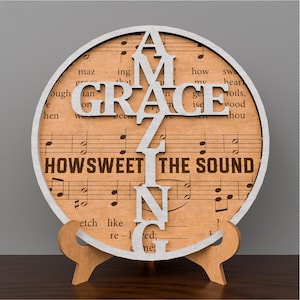 Amazing Grace Sign Round Wooden Plaque with Cross and Sheet Music Background, Christian Hymn Decor, Faith Wall Art, Religious Gift /P157