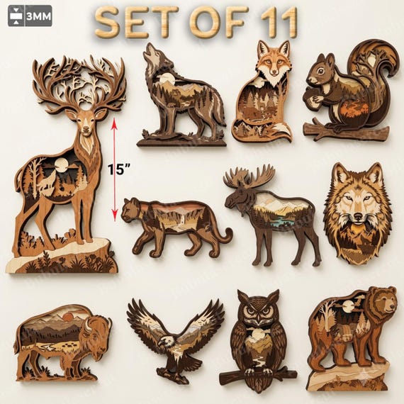 Multilayer Wildlife Laser Cut Files, Layered Animal Wall Art, Deer Wolf Bear Moose Svg, Rustic Cabin Decor, Forest Animal Gift Bundle  /B688