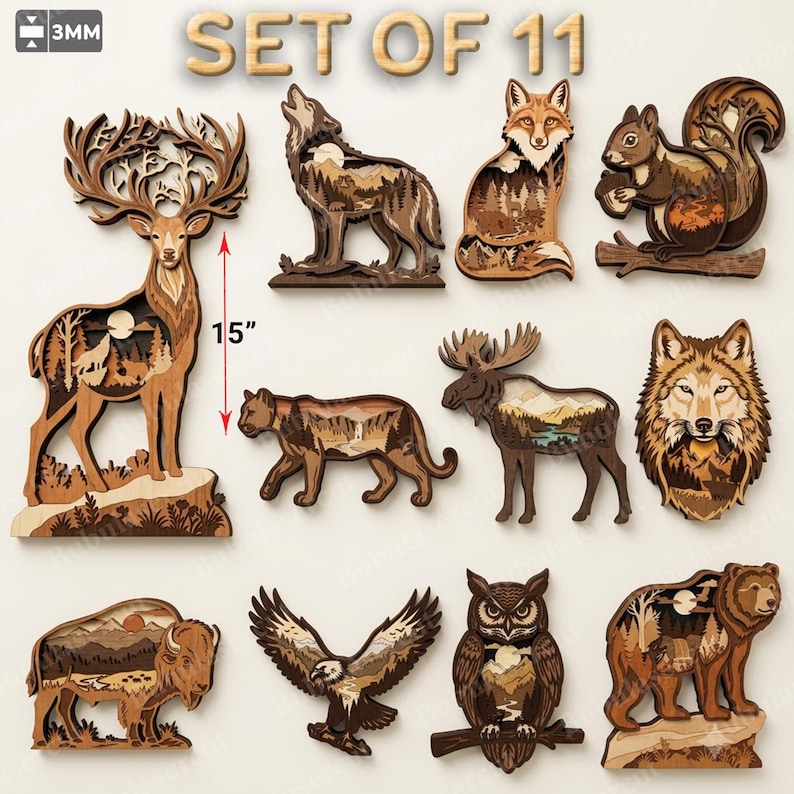 May include: A set of 11 layered wooden animal wall art pieces, including a deer, wolf, fox, squirrel, cougar, moose, bear, eagle, owl, and bison. The deer measures 15 inches in height, and the wood thickness is 3mm. Each piece features a landscape.