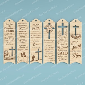 May include: A set of six wooden bookmarks with religious quotes and imagery. Each bookmark features a different design, including crosses, floral elements, and inspirational text. The bookmarks are made of light-colored wood.
