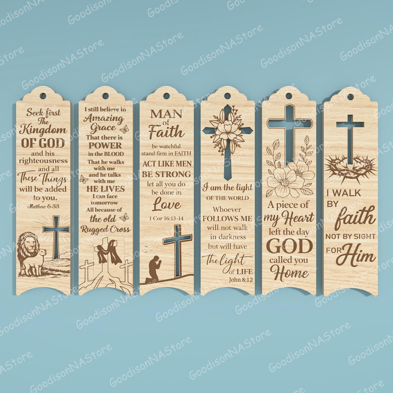 May include: A set of six wooden bookmarks with religious quotes and imagery. Each bookmark features a different design, including crosses, floral elements, and inspirational text. The bookmarks are made of light-colored wood.
