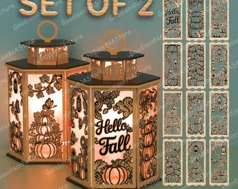 Fall Lantern SVG Set of 2, Hello Fall Pumpkin Lantern Decor, Autumn Leaves Laser Cut Light Box, Thanksgiving Rustic Wood Decor /G377