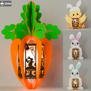 Pacote 4 Lanterna de Páscoa Arquivo de corte a laser | Porta-velas para lâmpada de Páscoa Feliz coelho da Páscoa Frango da Páscoa Cenoura Caixa de sombra Decoração de Páscoa /G015