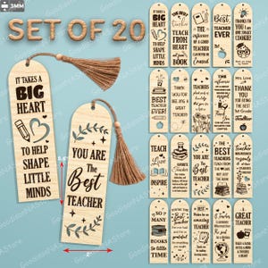 May include: Set of 20 wooden bookmarks with tassel accents. Each bookmark features inspirational quotes for teachers, such as "Best Teacher Ever" and "You are the Best Teacher." The bookmarks are approximately 5.6 inches long. Ideal for teacher appreciation gifts.