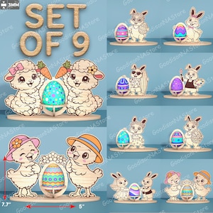 May include: Set of 9 wooden Easter decorations. Includes bunnies, chicks, and lambs with decorated eggs. The largest piece is 7.7 inches tall and 5 inches wide. The text "SET OF 9" is at the top. The decorations are made of light-colored wood.