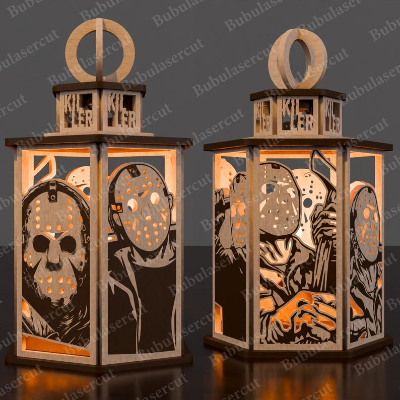 May include: Two wooden lanterns with a horror theme. Each lantern features a rectangular frame with cut-out images of a masked killer. The word "KILLER" is cut out at the top. The lanterns are made of light-colored wood with dark brown accents.