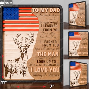 Letrero SVG "Para mi papá" con ciervo y bandera de EE. UU., placa de madera cortada a láser con cita, regalo de caza para el Día del Padre, decoración rústica en capas, archivo /G147