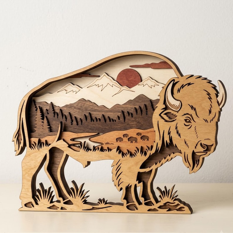 May include: A multi-layered wooden wall art piece shaped like a bison. The design features a landscape with snow-capped mountains, a dark red sun, a forest of pine trees, and a small herd of bison in the foreground, all rendered in various wood tones.
