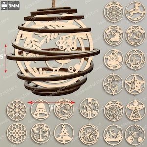 May include: A wooden Christmas ornament, approximately 13 cm in diameter, with a layered design and intricate cut-out patterns. Additional smaller ornaments with festive designs like snowflakes, stars, and Santa Claus are also shown.