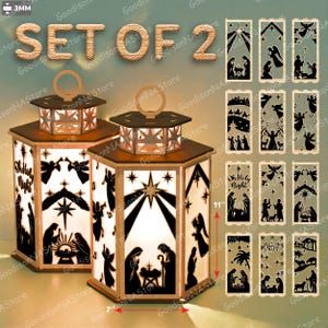 May include: Set of two wooden lanterns with laser-cut nativity scenes and star designs. Each lantern is approximately 11 inches tall. The lanterns have a hexagonal shape with a handle on top. The text "Oh Holy Night" is visible on one of the panels.