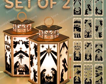 May include: Set of two wooden lanterns with laser-cut nativity scenes and star designs. Each lantern is approximately 11 inches tall. The lanterns have a hexagonal shape with a handle on top. The text "Oh Holy Night" is visible on one of the panels.