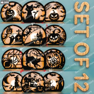 May include: A set of 12 semi-circular Halloween-themed wooden decorations featuring black silhouettes of cats, pumpkins, ghosts, spiders, and haunted houses against a warm light background. Each piece is 3mm thick, measuring 5 inches by 8 inches by 10 inches.