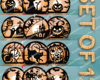 Halloween Lantern SVG Set of 12, Spooky Pumpkin Ghost Haunted House Silhouette, Laser Cut Files for Fall Table Night Light Decor /G270