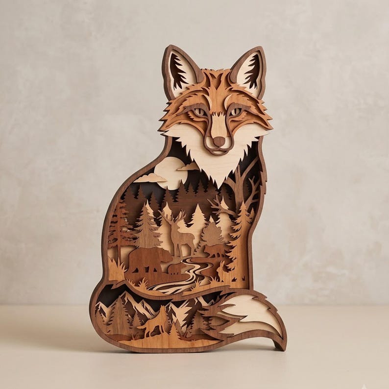 May include: A multi-layered wooden wall art piece shaped like a fox. The interior cutout features a detailed forest scene with a deer, a bear, a smaller fox, and a wolf silhouette against a moonlit background, rendered in various shades of brown.