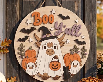Boo Y'all Highland Cow Halloween Door Hanger SVG, Cute Ghost Cow Round Sign, Layered Wood Laser Cut Digital Download /D111