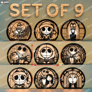 May include: Set of nine decorative wooden Night Before Christmas themed lamps. Each lamp features a unique design of Jack Skellington and Sally. The lamps are approximately 8 inches tall and 10 inches wide.