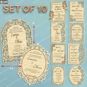 Op de afbeelding: Set van 10 lasergesneden houten huwelijksuitnodigingen. De uitnodigingen zijn 15.2 cm hoog en 10.9 cm breed, met bloemen- en decoratieve ontwerpen. Elke uitnodiging bevat ruimte voor namen, data en evenementdetails.
