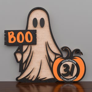 Halloween Countdown Sign Ghost Holding Boo Sign with Pumpkin Dial, Standing Halloween Decor, Spooky Wooden Countdown Display /P127