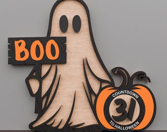 Letrero de cuenta regresiva de Halloween con fantasma sosteniendo un abucheo y esfera de calabaza, decoración de Halloween de pie, pantalla de cuenta regresiva de madera espeluznante /P127