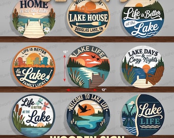 Lake Life Sign Bundle, Lake House Decor Sign, Round Door Hanger SVG, Cabin Welcome Sign, Summer Lake Wooden Sign, Lake House Wall Decor /D46