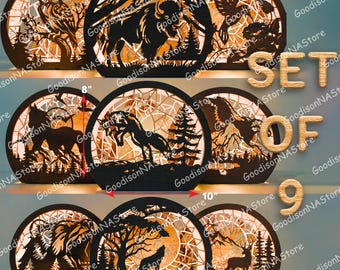 Wildlife Round Lantern SVG Bundle, Forest Animal Light Box Laser Cut Files, Bear Wolf Deer Nature Scene Decor, Set of 9 /G218