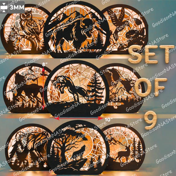 Wildlife ronde lantaarn SVG-bundel, bos dier lichtbak lasergesneden bestanden, Bear Wolf herten natuur scène decor, set van 9 /G218