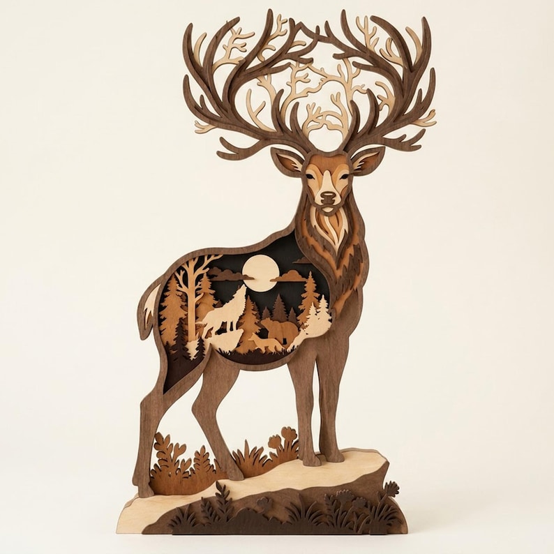 May include: A multi-layered wooden deer sculpture featuring a cutout scene within its body. The scene depicts a howling wolf, a bear, and a fox in a forest under a full moon. The deer has large, intricate antlers and stands on a base with foliage.