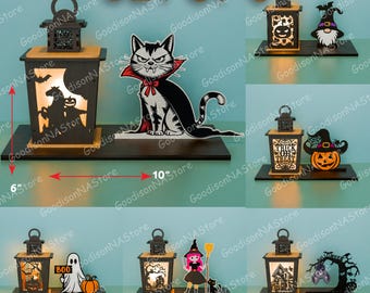 Halloween Night Lantern SVG Bundle, Spooky Candle Holder Set With Witch, Cat, Ghost, Pumpkin And Haunted House Laser Cut Decor /G277