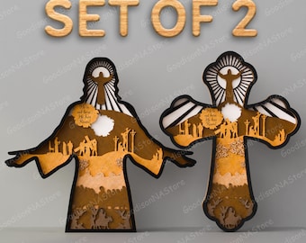 Può includere: Set di due decorazioni murali in legno tagliate al laser. Un pezzo presenta una silhouette di Gesù con una croce dietro di lui. L'altro pezzo è una croce con una scena della crocifissione. Entrambi i pezzi presentano il testo "Non è qui, è risorto!"