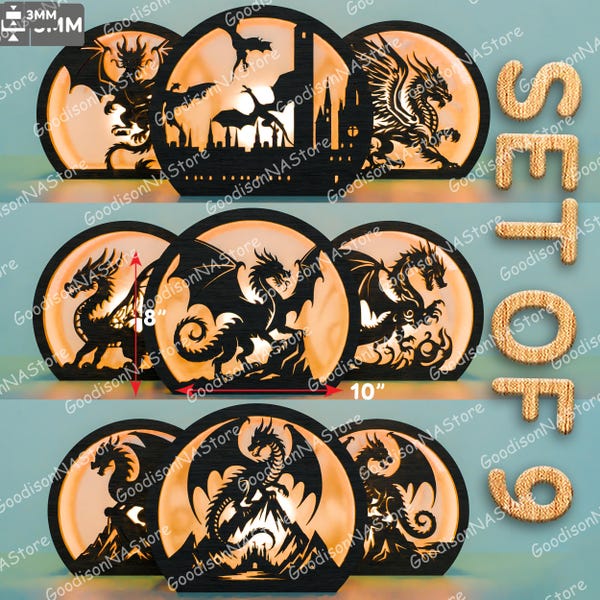 Mini drakenlantaarn SVG-bundel, 9 ronde gelaagde 3D-lichtbakontwerpen voor lasergesneden, fantasietafeldecor of RPG-cadeau voor drakenliefhebbers /G256