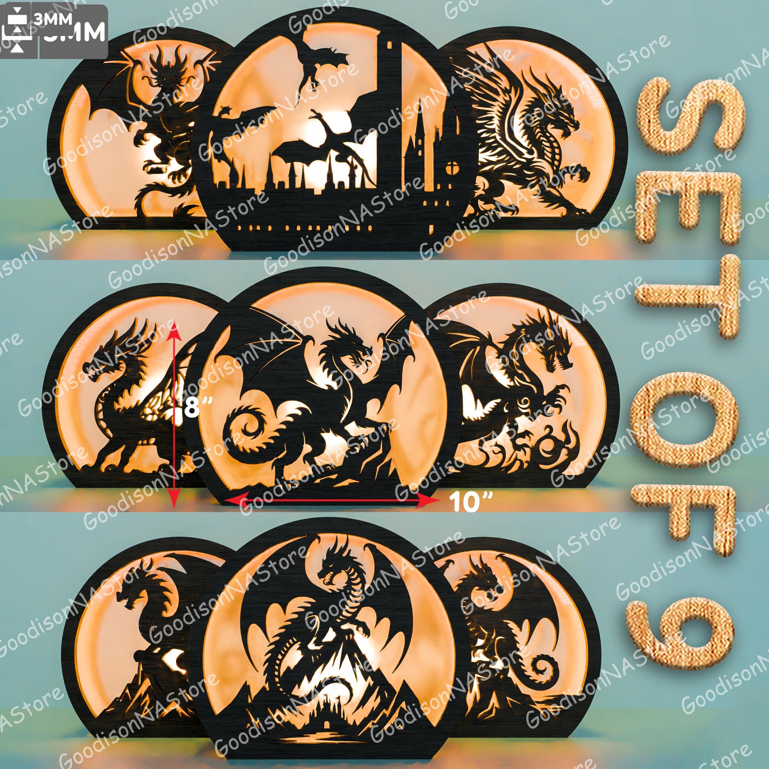 Mini Dragon Lantern SVG Bundle, 9 Round Layered 3D Light Box Designs for Laser Cut, Fantasy Table Decor or RPG Gift for Dragon Lovers /G256