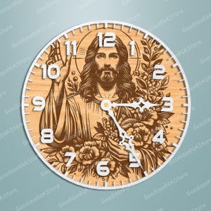 May include: A round wooden clock with a white border. The clock face features a detailed illustration of Jesus Christ, surrounded by floral elements. White numerals mark the hours. The clock hands are white.