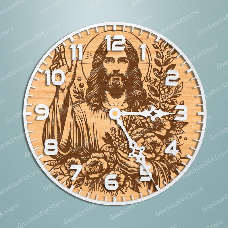 May include: A round wooden clock with a white border. The clock face features a detailed illustration of Jesus Christ, surrounded by floral elements. White numerals mark the hours. The clock hands are white.