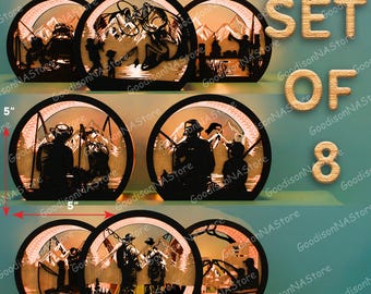 May include: A set of 8 decorative wooden light-up scenes, each 12.7 cm in diameter and 3mm thick. The scenes depict fishing activities with mountain backdrops. The text "SET OF 8" is displayed in gold.