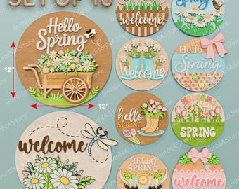 Spring Door Sign Svg Bundle, Hello Spring Welcome Sign, Spring Wooden Round Sign Design, Floral Spring Decor Svg Lasercut /G550