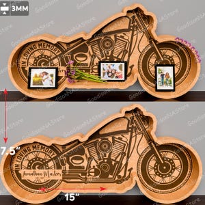 カスタムバイクメモリアルフォトフレームSVG、愛を込めてバイクのシャドーボックス、3mm木材用レーザーカットファイル、Glowforge対応/G200