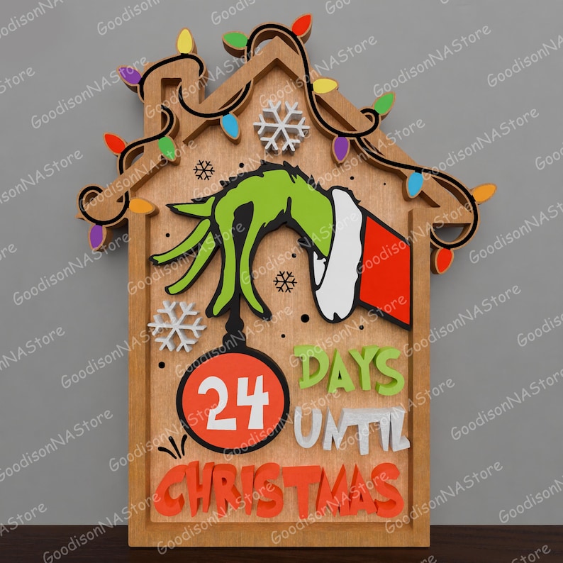 May include: Wooden Christmas countdown sign featuring a Grinch hand, a Santa hat, and colorful lights. The sign displays "24 DAYS UNTIL CHRISTMAS" in orange and white lettering. Decorative snowflakes and a red ornament are also included.