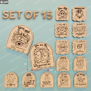 May include: Set of 15 laser-cut wooden Valentine's Day decorations. Designs include dice, playing cards, and hearts, with phrases like "You + Me" and "Be Mine." The largest piece measures 5 inches tall and 4.2 inches wide.